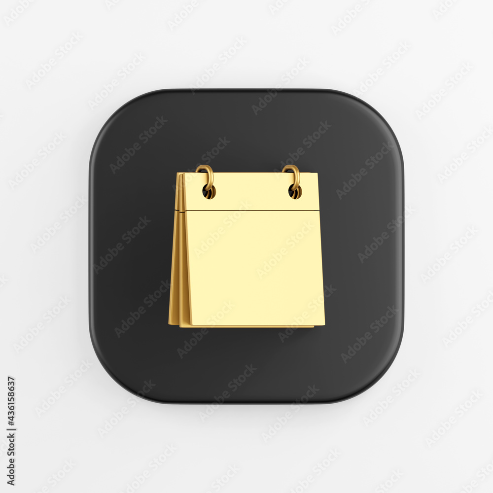 Poster golden calendar blank icon. 3d rendering of black square key button, interface ui ux element.