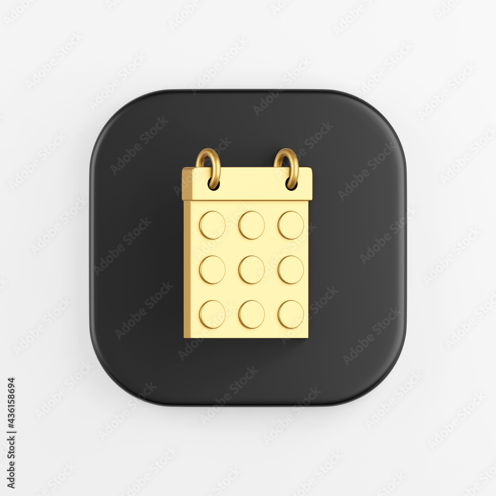 Poster round date calendar golden icon. 3d rendering of black square key button, interface ui ux element.