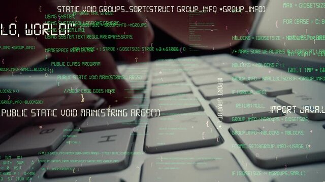 Creative visual of computer programming coding and software development shown by man working on computer keyboard with overlay of computer graphic displaying abstract program codes and computer script