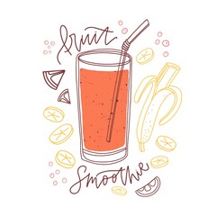 Glass of mixed fruit smoothie with banana and citrus slices, berries. Fresh organic drink with straw. Summer cocktail. Colored flat vector illustration of natural beverage isolated on white background