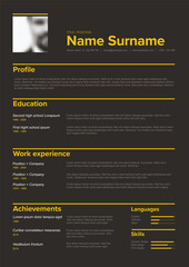 Minimalist dark resume cv template with yellow accent