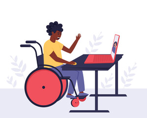 An African American disabled guy communicates with a girl he knows through video communication. The concept of an accessible environment for people with disabilities. Vector flat illustration