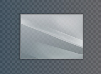 Glass plate on transparent background. Acrylic and glass texture with glares and light. Realistic transparent glass window in rectangle frame.