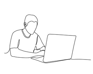 Un dessin au trait d& 39 un homme travaillant avec un ordinateur portable à la table. Tendance une ligne dessiner illustration vectorielle graphique de conception.