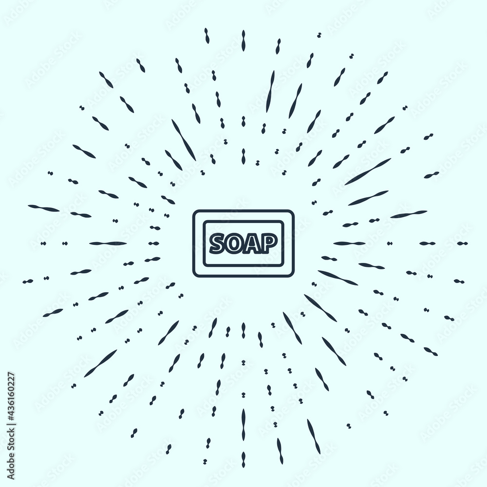 Poster black line bar of soap icon isolated on grey background. soap bar with bubbles. abstract circle rand