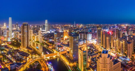 Fototapeta premium Aerial photography of skyline night scene of Tianjin urban architectural landscape