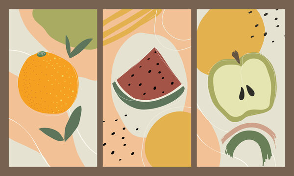 Summertime fruits vertical backgrounds collection with orange, watermelon and apple draws in abstract flat and funky style. Multicolored in white, salmon, golden, green and orange tones. Vectored.