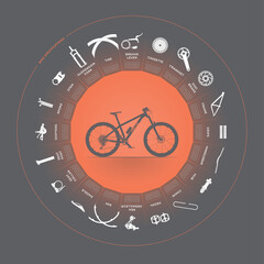 Vector circular infographics - mountain bike specifications with icons of individual parts. An image with lots of details. Dark background.