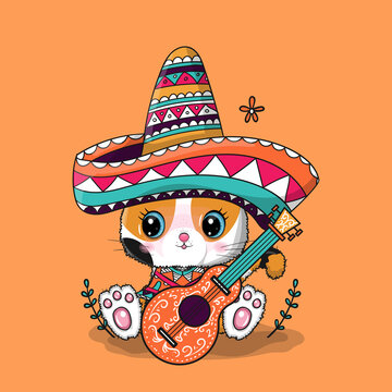 Cute Cartoon Cat With Mexico Hat. Cinco De Mayo