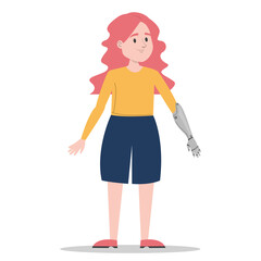 Girl with prosthetic arm vector isolated. Bionic limb, amputee child. Concept of people with disability. Happy little kid standing.