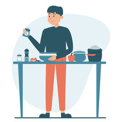 Man cooking vector isolated. Male character standing at the table and preparing breakfast or dinner. Daily routine of a househusband.