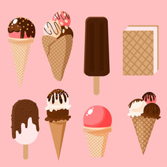 Collection of various multicolored ice cream.Popsicles and cones, decoration and colors. Summer Illustration Sweet Fast Food. For design, web, graphics. Vector illustration isolated.