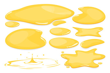 Set of yellow puddles vector isolated. Oil, honey, urine or gasoline liquid. Gold colored natural shape of stain. Wet spot. - obrazy, fototapety, plakaty