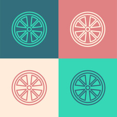 Pop art line Alloy wheel for a car icon isolated on color background. Vector