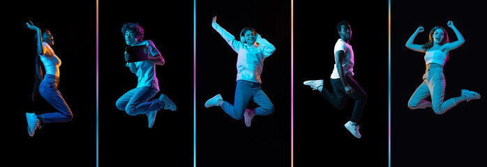 Collage of young men and women jumping isolated on dack background in neon. Flyer