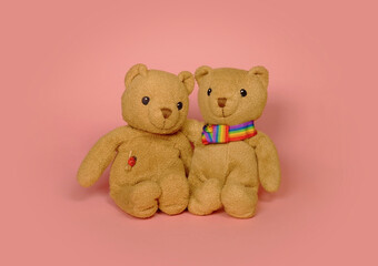 Gay pride - gay couple bears with rainbow sign on a pink background