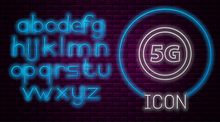 Glowing neon line 5G new wireless internet wifi connection icon isolated on brick wall background. Global network high speed connection data rate technology. Neon light alphabet. Vector