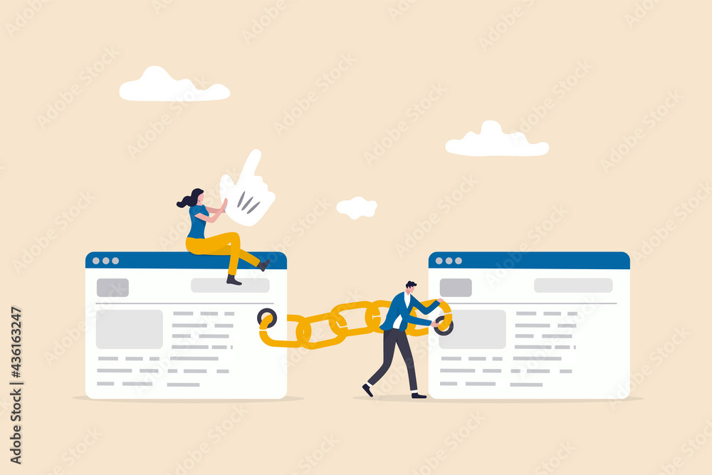 Wall mural add back link to website in increase quality score in seo, search engine optimization concept, peopl