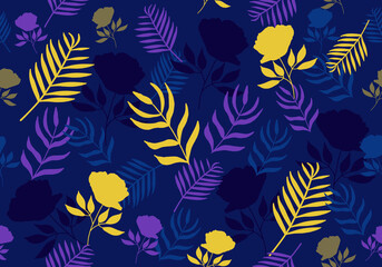 Fototapeta na wymiar Vector Seamless Colorful Hand drawn Tropical Pattern. Jungle background with the palm and monstera leaves and pretty flowers for fabric, packaging, wrapping paper, prints, ads