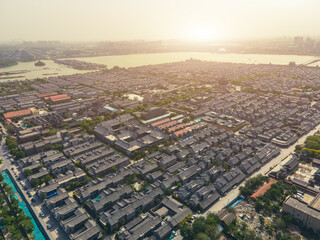 Aerial panorama of Dongchang ancient city in Liaocheng, Shandong Province