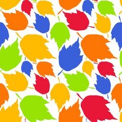 Falling leaves silhouettes seamless pattern. Multicolored foliage boundless background. Bright herbal endless texture. Leaves contours repeating surface design. Vivid colorful botanic backdrop.