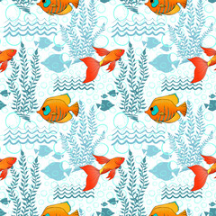 Naklejka premium Tropical coral fishes and seaweed seamless pattern. Exotic ocean creatures surface pattern design. Marine animals endless texture. Underwater fauna boundless background. Sea life editable tile.