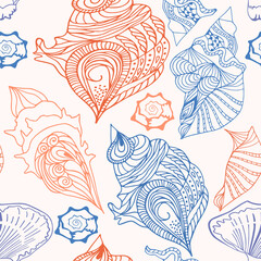 Seamless marine color delicate sea shell pattern. Vector clipart.