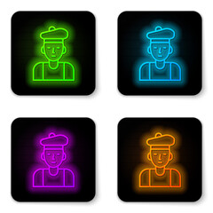 Glowing neon line French man icon isolated on white background. Black square button. Vector