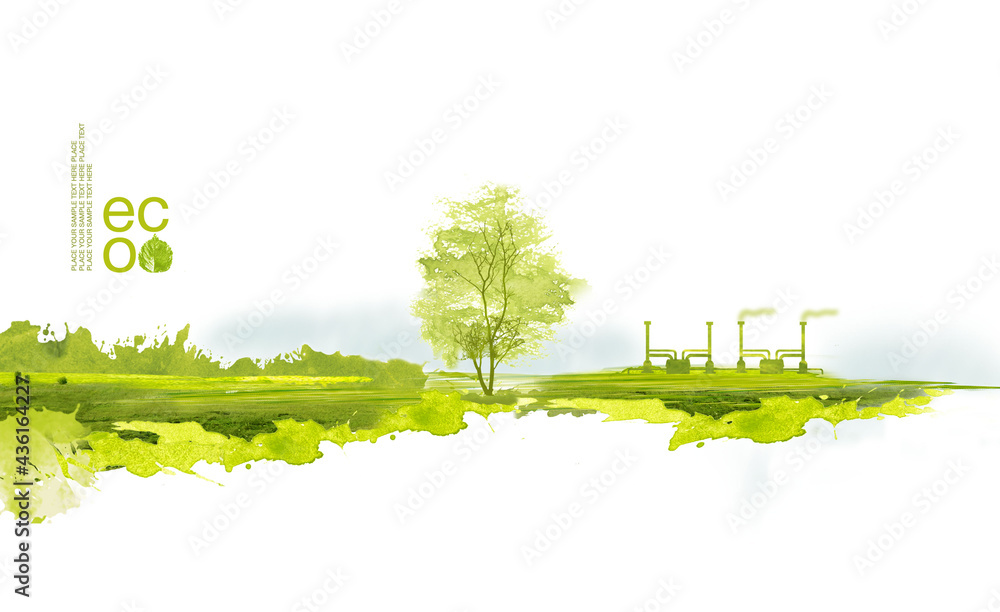 Wall mural Illustration of environmentally friendly planet. Green factory and tree on the field, planting from watercolor stains,isolated on a white background. Think Green. Ecology Concept.