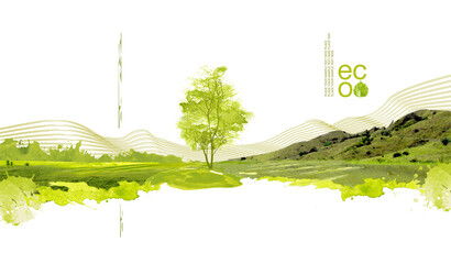 Illustration of environmentally friendly planet. Green hills and field with tree planting from watercolor stains,isolated on a white background. Think Green. Ecology Concept. Environmental awareness. - obrazy, fototapety, plakaty
