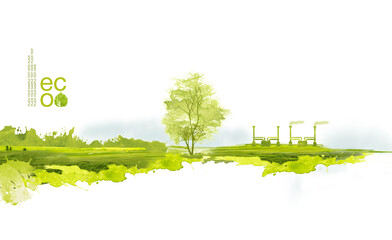 Illustration of environmentally friendly planet. Green factory and tree on the field, planting from watercolor stains,isolated on a white background. Think Green. Ecology Concept. - obrazy, fototapety, plakaty