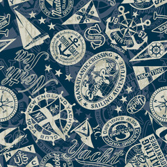 Nautical style marine sailing badges wallpaper vector seamless pattern grunge effect in separate layer