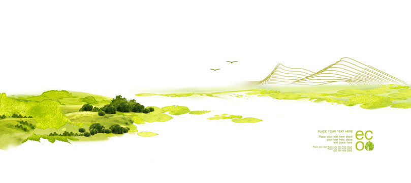 Illustration of environmentally friendly planet. Green hills and field with tree planting with watercolor stains,isolated on a white background. Think Green. Ecology Concept. Environmental awareness.