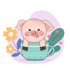 Obraz na płótnie Canvas Cute pig in the coffee cup cartoon illustration