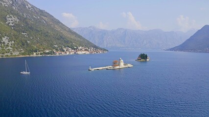 Church of the Madonna on the Reef. Island Gospa od Skrpiela. St. George Island. Montenegro. Perast. Aerial photography