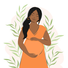 Pregnant woman, future mom of African appearance, standing in nature and hugging belly with arms. Health, care, pregnancy, motherhood concept, Happy Mother's Day. Flat vector illustration.