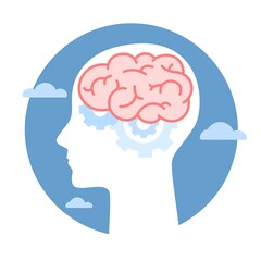 Silhouette of human head with brain, gear inside. Mental health , therapy, treatment, head thinking concepts. World Mental Health Day. Memory training, brain system, psychology, knowledge design