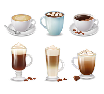 Set of hot coffee drinks. Vector illustration.