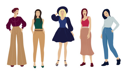 Set of stylish young woman dressed in trendy clothes. Vector illustration.