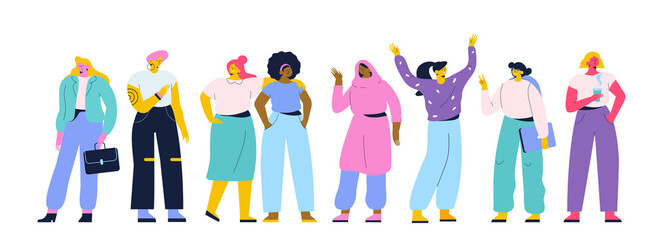 Happy young girls, women standing together flat vector illustration. Social diversity.