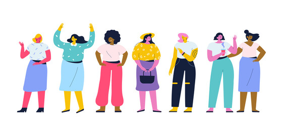 Happy young girls, women standing together flat vector illustration. Social diversity.