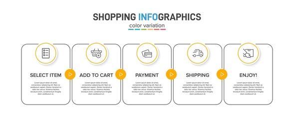 Concept of shopping process with 5 successive steps. Five colorful graphic elements. Timeline design for brochure, presentation, web site. Infographic design layout.