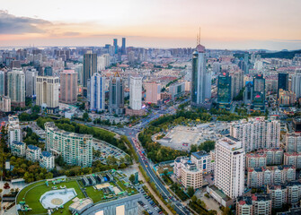 Naklejka premium Aerial photography of architectural landscape skyline along Qingdao urban coastline