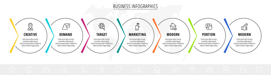 Vector infographics seven circles with arrows. Line business concept of 7 steps, options. Infographic template for diagram, web, banner, presentations, flowchart, content, levels, chart