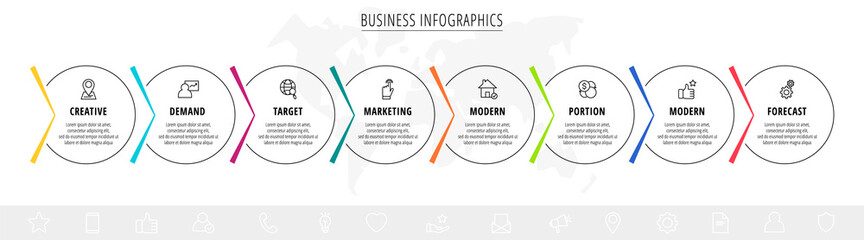 Vector infographics eight circles with arrows. Line business concept of 8 steps, options. Infographic template for diagram, web, banner, presentations, flowchart, content, levels, chart