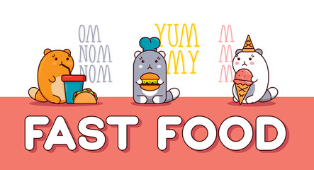 Cute animals eat fast food, cats eat lunch, background of inscriptions