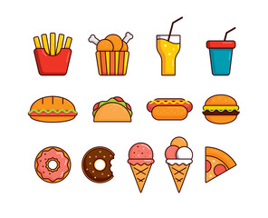 a set of fast food icons. flat cute food and goodies design. Fast food, sweets, drinks