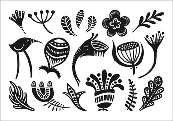 Vector silhouettes of fantastic animals and plants.
Black and white African print.
