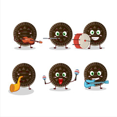 Cartoon character of chocolate biscuit playing some musical instruments