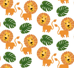 Lion and jungle leaf seamless vector pattern